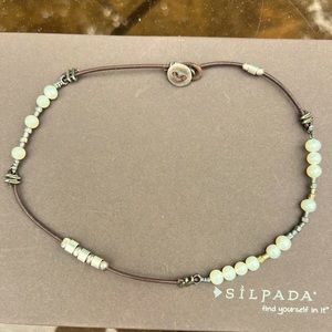 Silpada sterling silver, brown leather, and pearl bead necklace